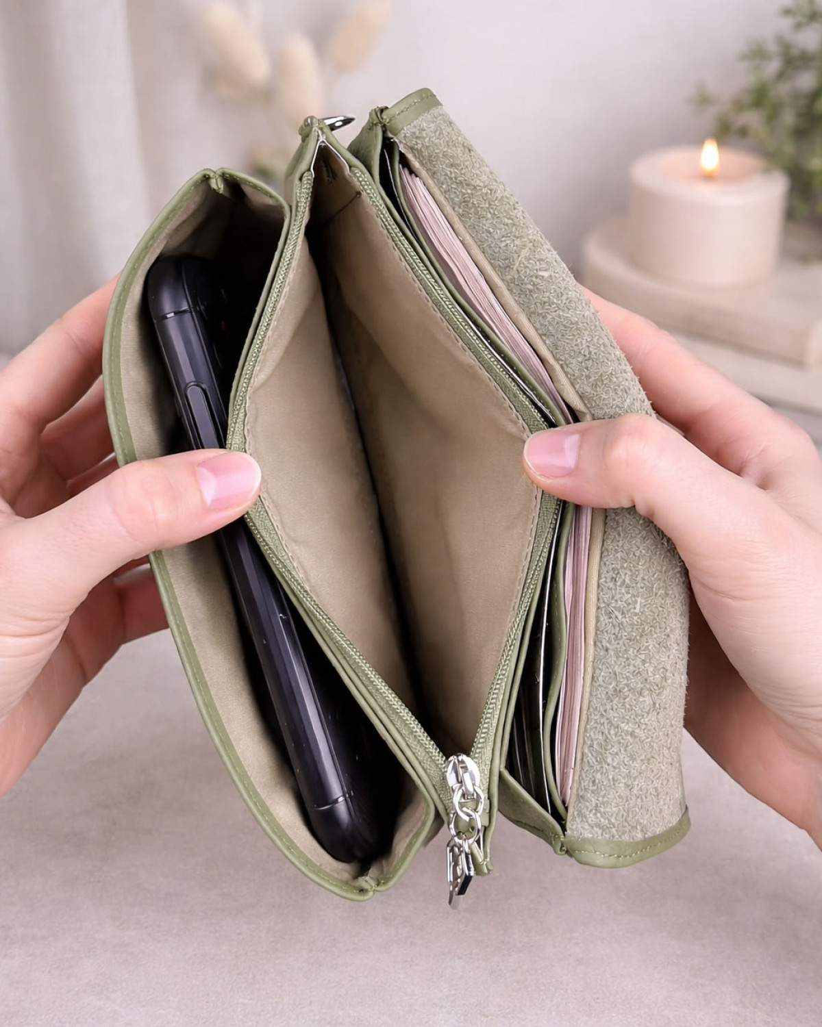 Elya Cüzdan - Çok Bölmeli - Hakiki Deri - Haki