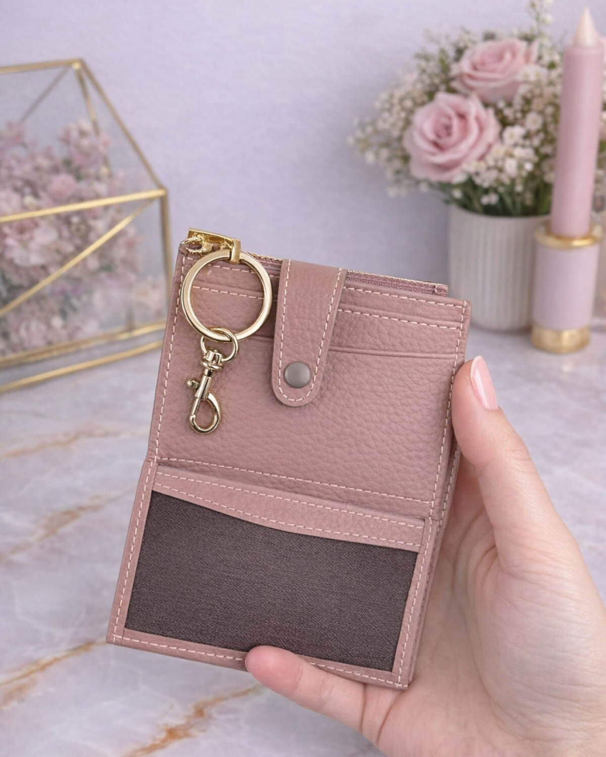 Luna Kartlık Hakiki Deri Fermuar Bölmeli - Pudra