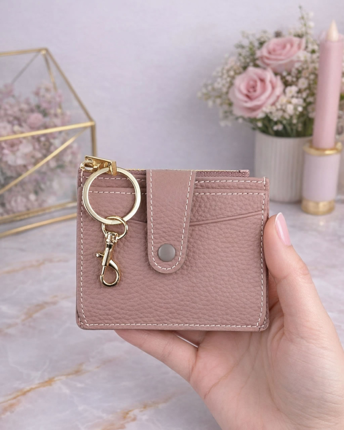 Luna Kartlık Hakiki Deri Fermuar Bölmeli - Pudra