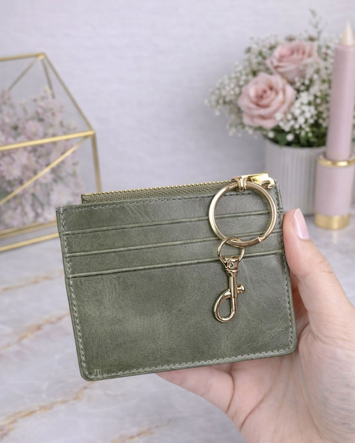 Luna Kartlık Hakiki Deri Fermuar Bölmeli - Haki