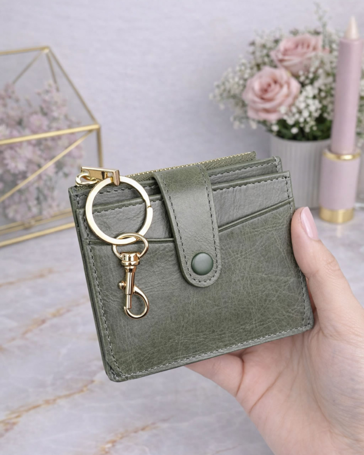 Luna Kartlık Hakiki Deri Fermuar Bölmeli - Haki