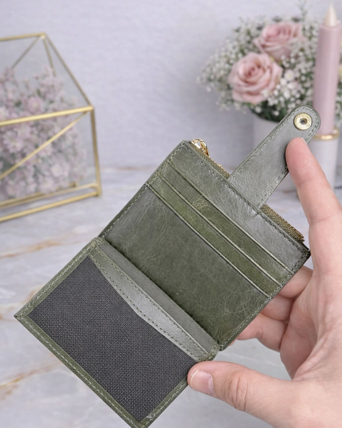 Luna Kartlık Hakiki Deri Fermuar Bölmeli - Haki