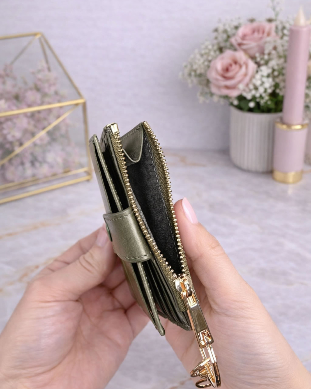 Luna Kartlık Hakiki Deri Fermuar Bölmeli - Haki