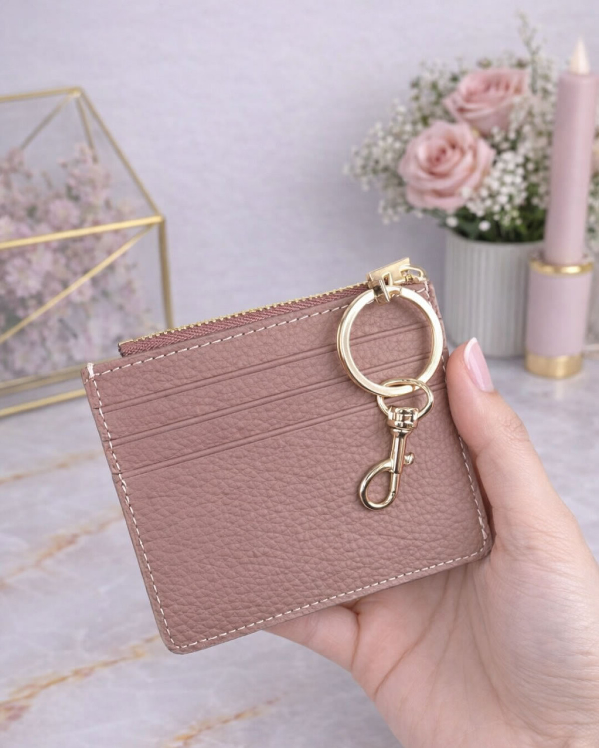 Luna Kartlık Hakiki Deri Fermuar Bölmeli - Pudra