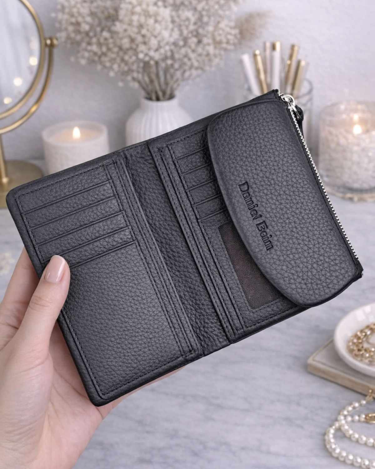 Mivra Cüzdan - Hakiki Deri, Kartlık, Fermuarlı- Siyah