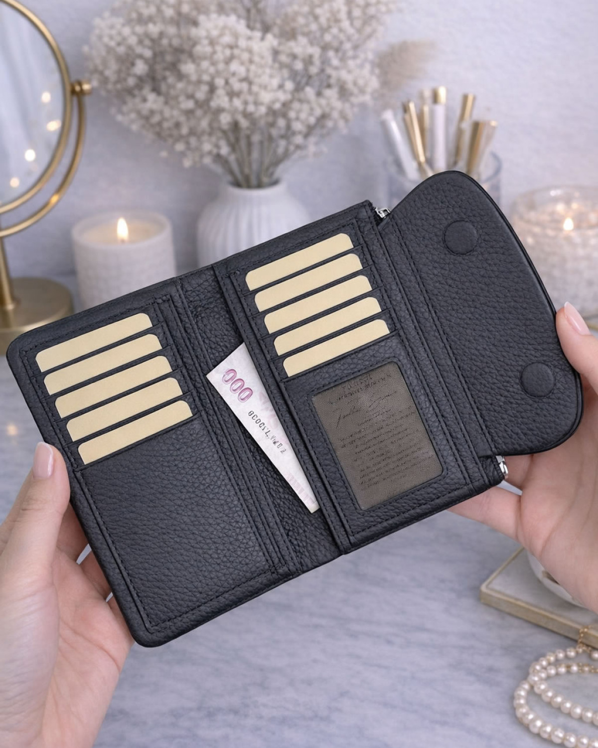 Mivra Cüzdan - Hakiki Deri, Kartlık, Fermuarlı- Siyah