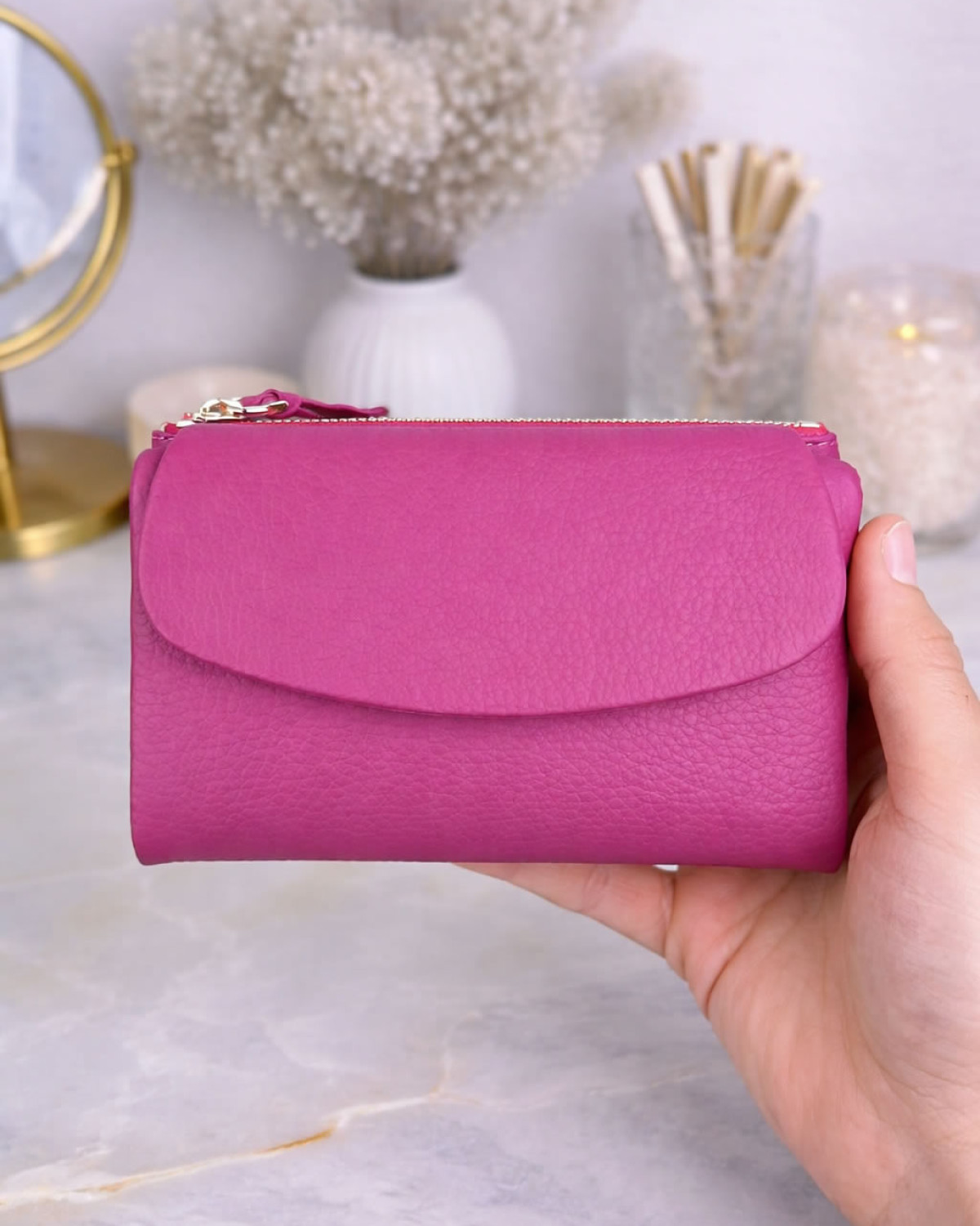 Mivra Cüzdan - Hakiki Deri, Kartlık, Fermuarlı- Pembe Guti