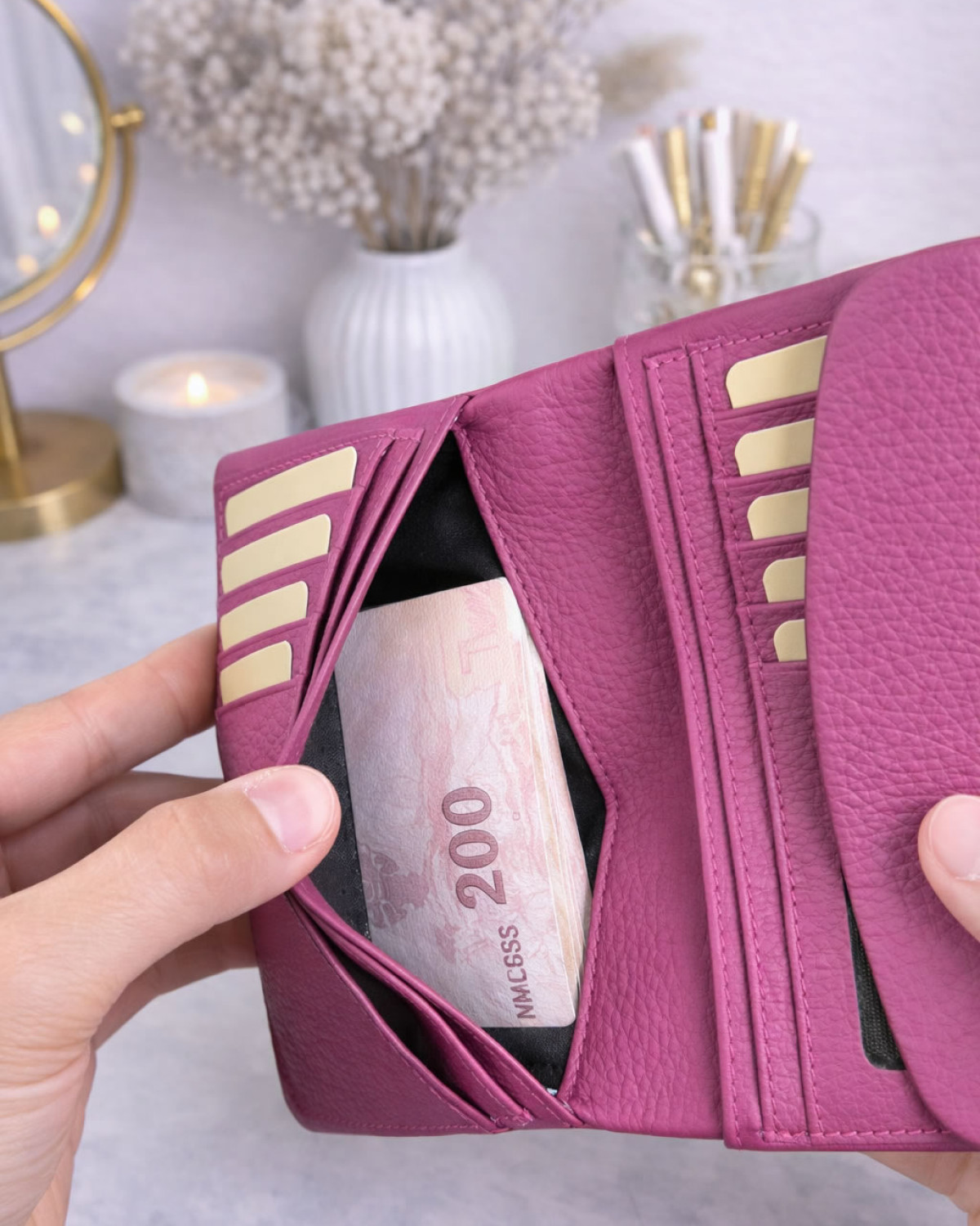 Mivra Cüzdan - Hakiki Deri, Kartlık, Fermuarlı- Pembe Guti