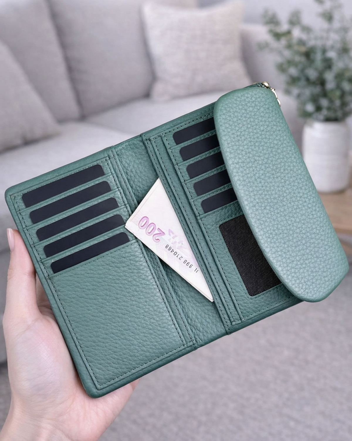 Mivra Cüzdan - Hakiki Deri, Kartlık, Fermuarlı- Yeşil