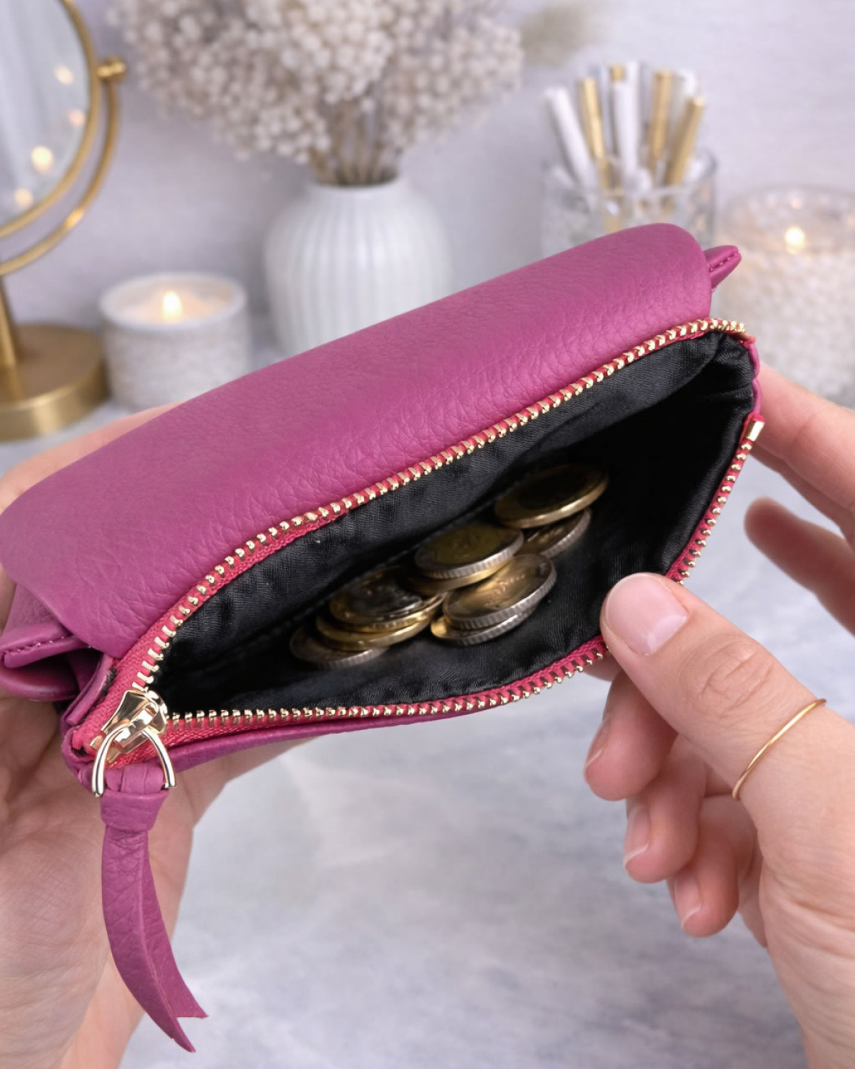 Mivra Cüzdan - Hakiki Deri, Kartlık, Fermuarlı- Pembe Guti